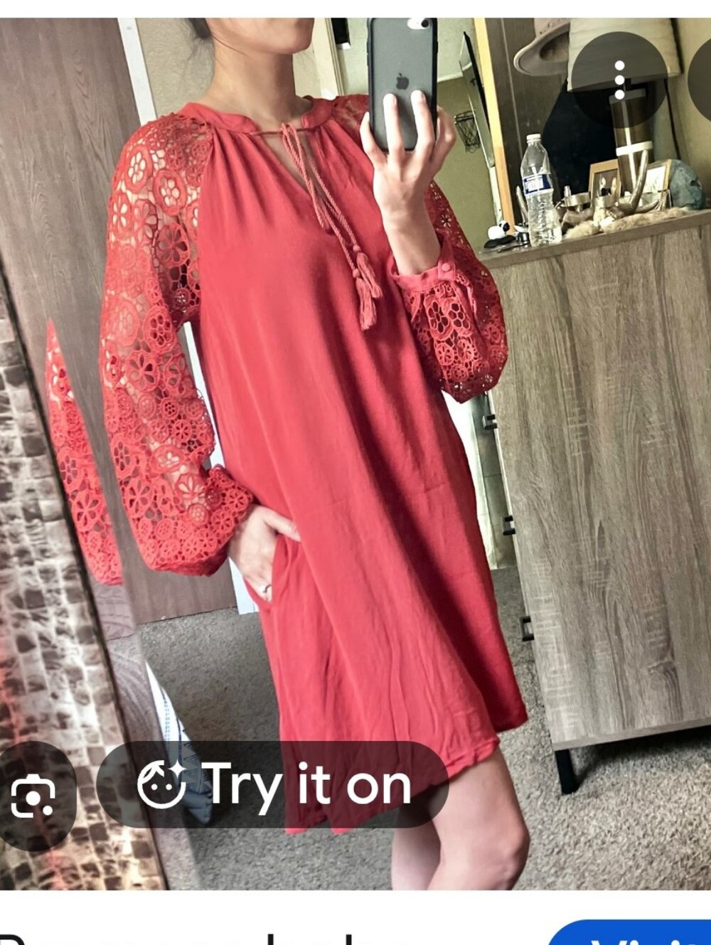 Promesa Crochet-Sleeve Tunic Top/Dress - Rust Orange- Small